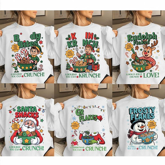 Funny Christmas Character Cereal Bundle Sweatshirt, Christmas Movie Sweatshirt, Group Family Christmas Sweatshirt, Retro Santa Snacks Christmas Sweatshirt