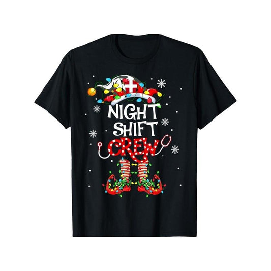Funny Christmas Elf T-Shirt for Christmas Night Shift, with Christmas Lights for Men Women, Christmas Gift, Halloween Gift, New year Gift, Thanksgiving day Gift for Men Women Dad Mom Friend, Unisex Soft Fabric, 100% cotton Made in USA