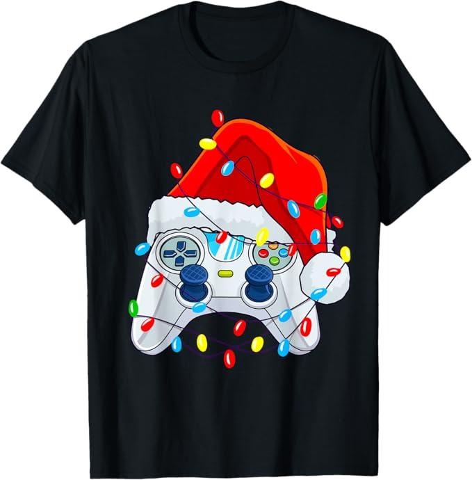Funny Christmas Shirt, Christmas Gift, Video Game Controller Christmas Santa Hat Gamer T-Shirt