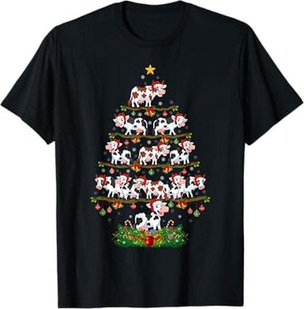 Funny Christmas Shirts, Cow Christmas Tree Funny Cow Lover Cow Xmas T-Shirt - Menswear Top Hoodie, Sweatshirt | DripVista.com