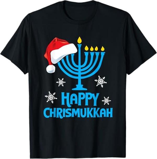 Funny Christmas Shirts, Happy Chrismukkah Santa Hat Christmas Hanukkah Sleep T-Shirt