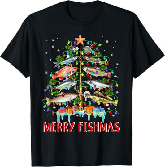 Funny Christmas Shirts, Merry Fishmas Funny Christmas Tree Lights Fish Fishing Rod T-Shirt - Menswear Top