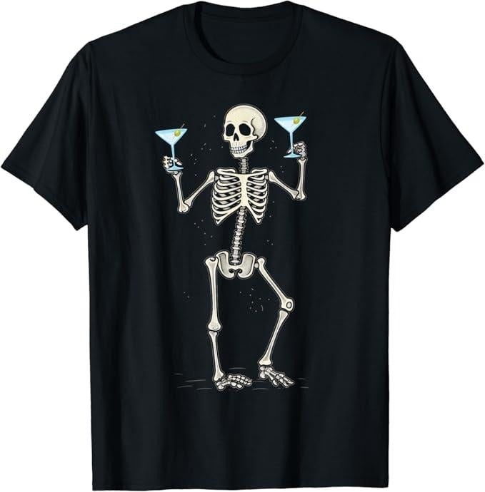 Funny Cocktail Shirts, Funny Halloween Skeleton Drinking Martini Cocktail T-Shirt | Funny Shirts For Night Out Menswear...