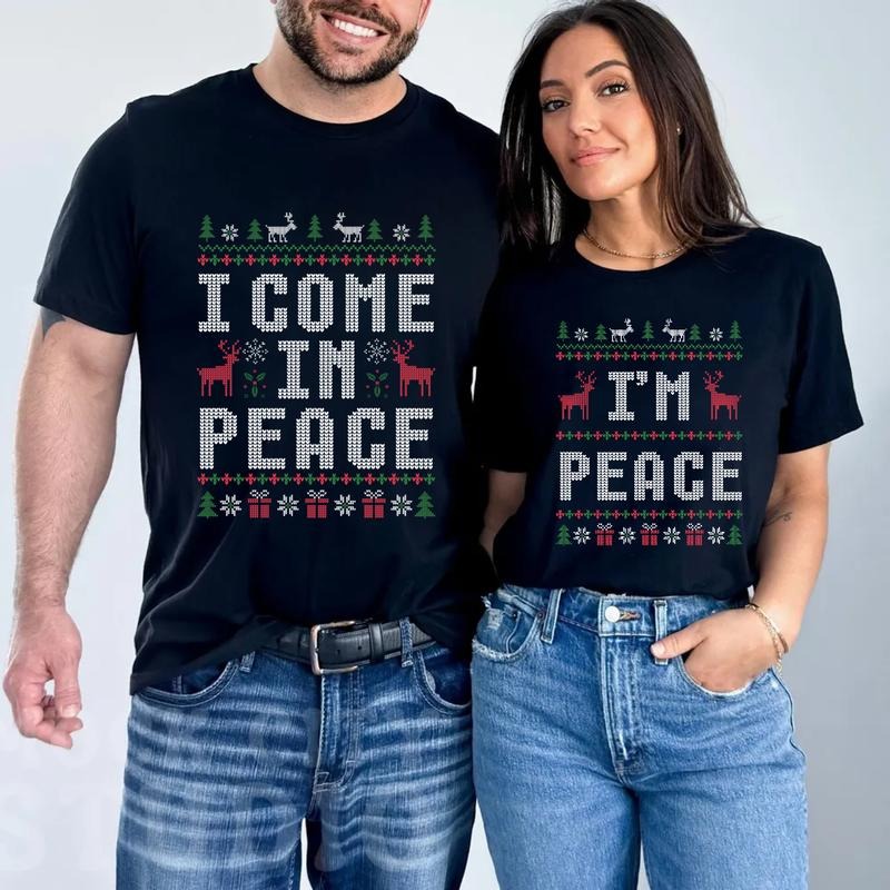 Funny Couple Christmas Shirt, I Come In Peace I'm Peace Tshirt, Humorous Couples Matching Holiday Apparel, Unisex Short...