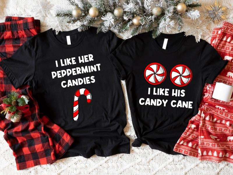Funny Couples Christmas Shirts, I Like Her Peppermint Candies, I Like His Candy Cane Shirt, Wife Husband X-mas Party Tee, Newly Married Gift Tee.