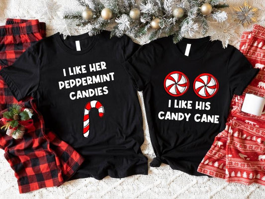 Funny Couples Christmas Shirts, I Like Her Peppermint Candies, I Like His Candy Cane Shirt, Wife Husband X-mas Party Tee, Newly Married Gift Tee.