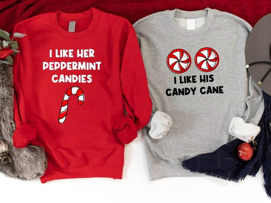 Funny Couples Christmas Sweatshirts, I Like Her Peppermint Candies, I Like His Candy Cane Sweater, Wife Husband X-mas Party Hoodie, Newly Married Gift Sweater.