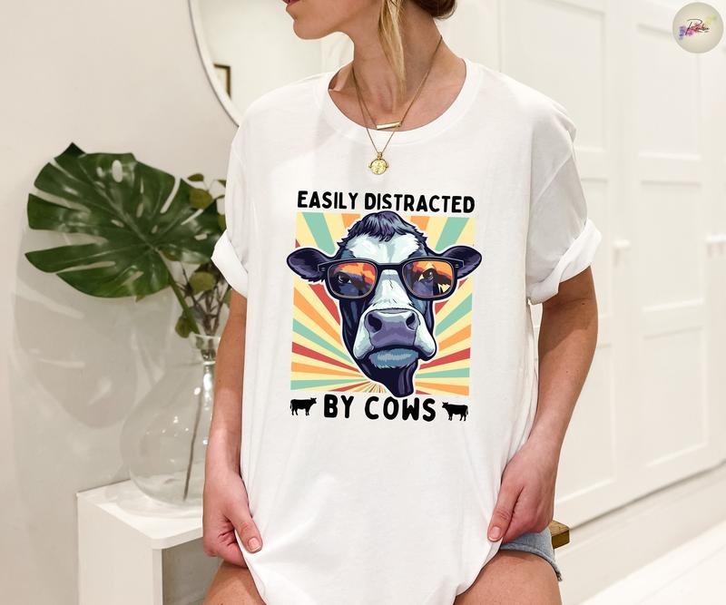 Funny Cow Tee Easily Distracted By Cows T Shirt Hoodie Sweater Cow Lover Farm Girl Shirt Retro Farm Animal Lover Cowgirl Tee Kids Highland Cow Gift Tshirt