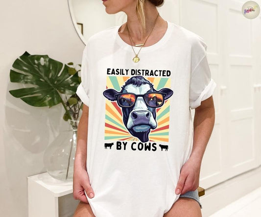 Funny Cow Tee Easily Distracted By Cows T Shirt Hoodie Sweater Cow Lover Farm Girl Shirt Retro Farm Animal Lover Cowgirl Tee Kids Highland Cow Gift Tshirt