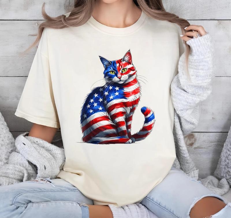 Funny Cute Cat green eyes Cat USA Flag 4th FOG July T-Shirt Hoodie, Sweatshirt | DripVista.com
