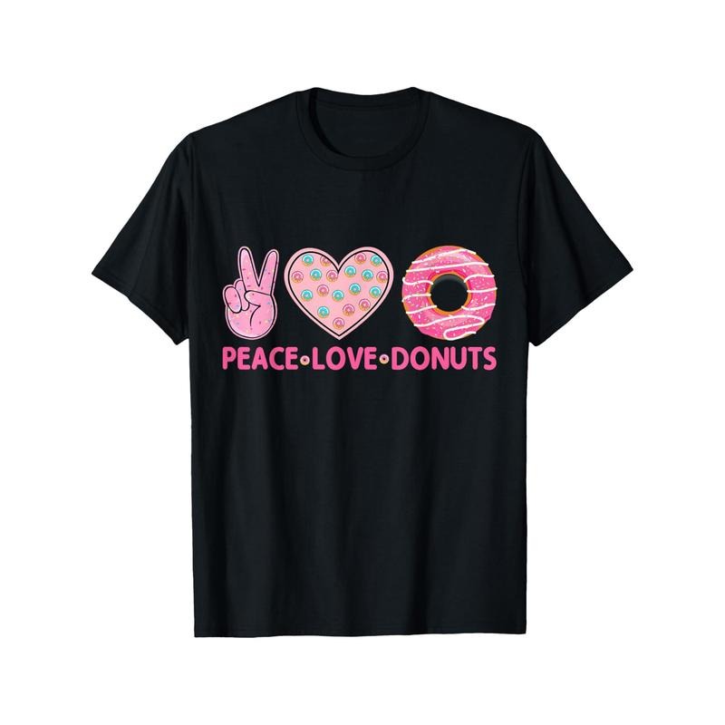 Funny Doughnut Donut Lover - Peace Love Donuts Themed T-Shirt Black casual short sleeve men's sport T-shirt 220g made in...