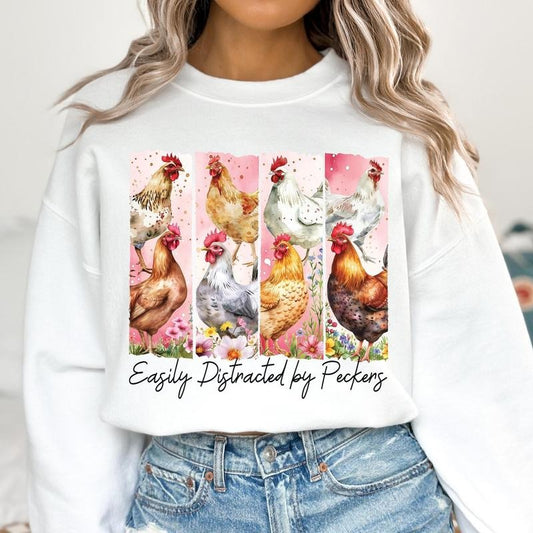 Funny Easily Distracted By Peckers Shirt, Farm Life Floral Spring Sweater, Chicken Mama, Chicken Mom, Brushstroke Chicken Sarcastic Shirt