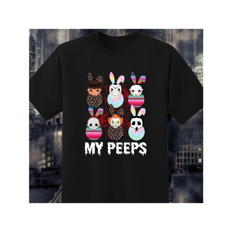 Funny Easter Horror Bunny FOG T-Shirt - Black Cotton Short Sleeve Round Neck Tee with 'MY PEEPS' Design for Men & Women