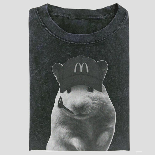Funny Fast Food Hamster Graphic Tee, Vintage Meme Workwear Shirt, McRat Drive Thru Aesthetic, Unisex Menswear Womenswear Top