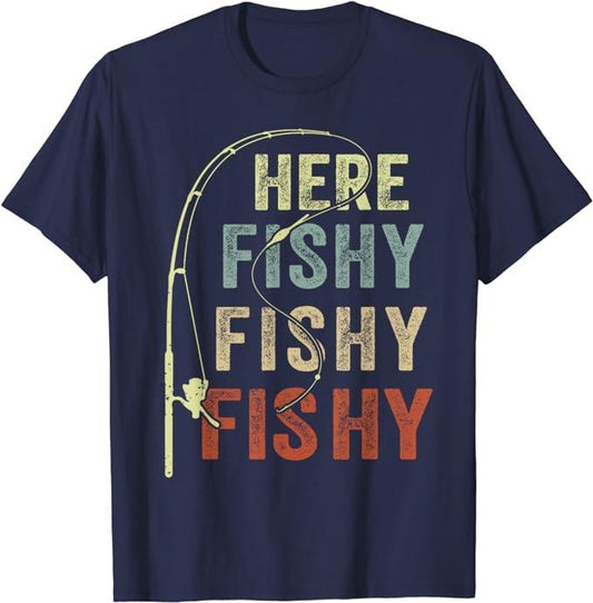 Funny Fishing Shirts, Here-Fishy Funny T-Shirt Cotton Fashion Casual Classic