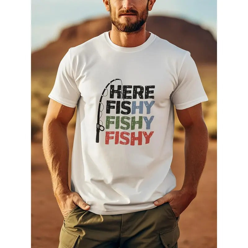 Funny Fishy Print Tee - Soft, Breathable, Round Neck Short Sleeve T-Shirt for Men - Fashion Regular Fit, Comfortable, Spring, Summer, Autumn Holiday Wear Made in USA