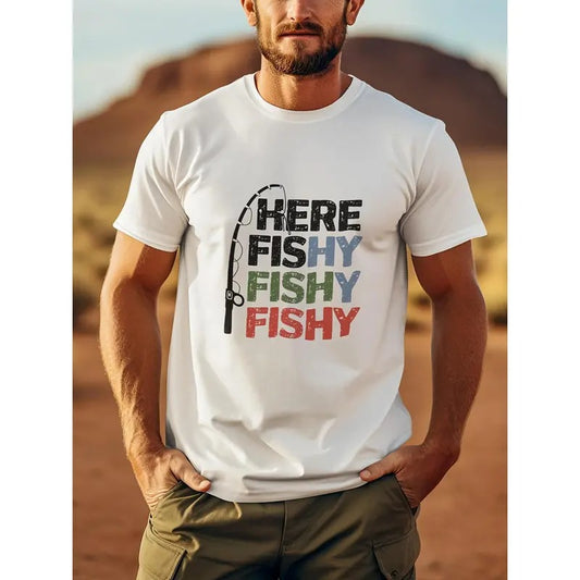 Funny Fishy Print Tee - Soft, Breathable, Round Neck Short Sleeve T-Shirt for Men - Fashion Regular Fit, Comfortable, Spring, Summer, Autumn Holiday Wear Made in USA