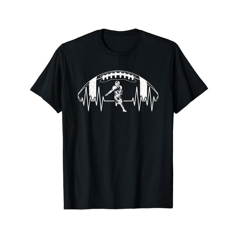 Funny Football Heartbeat American Football Player T-Shirt, Men Women Graphic Tee, Pure Cotton Short Sleeve T-Shirt - Breathable & Soft Round Neck Tee - Casual Everyday Wear made in usa