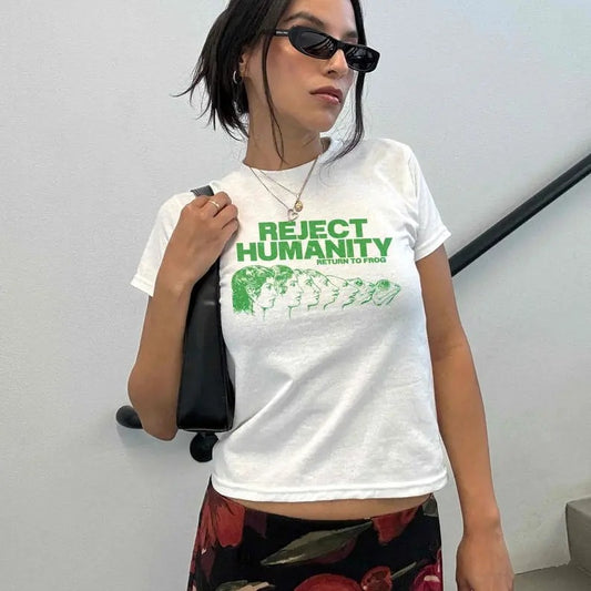 Funny Frog Meme Shirt for Women, Reject Humanity Crop Top, Y2K Baby Tee, Sarcastic Graphic Top, Ironic Graphic Shirt, Weirdcore Alt Clothing