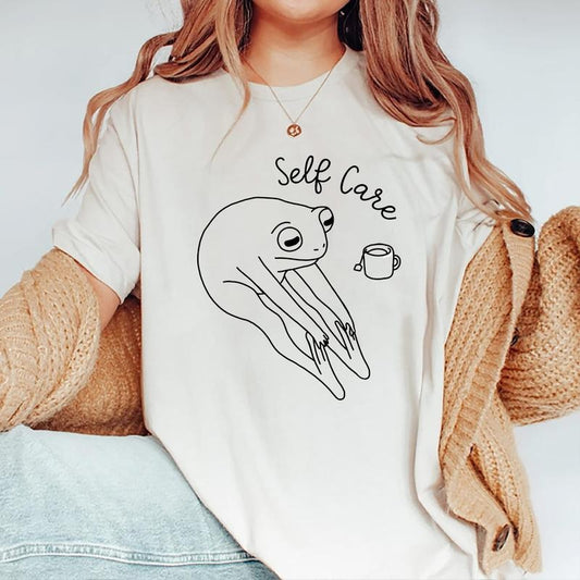 Funny Frog Self Care Shirt Funny Frog Self Care Retro T-shirt, Birthday Gift For Her, Cottagecore Frog Shirt For Women, Positive Vibe Shirt Comfort Fit Top Womenswear Printed Tee