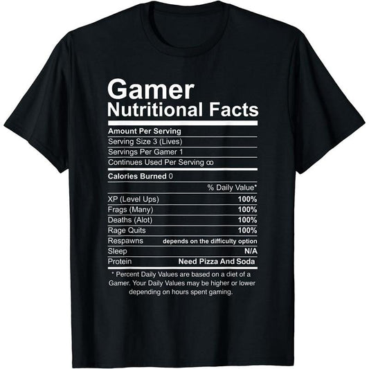 Funny Gamer Shirts, Special Gifts For Gamers, Gamer Nutritional Facts Cool Gamer Video Game Funny T-Shirt Menswear Top Casual Classic