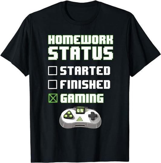 Funny Gamer Shirts, Special Gifts For Gamers, Gaming Homework Status School Funny Gamers Boys Teens T-Shirt Menswear Top Casual Classic