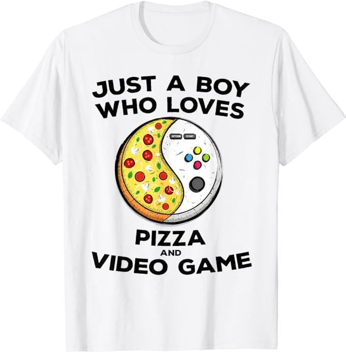 Funny Gamer Shirts, Special Gifts For Gamers, Just a Boy Who Love Pizza and Video Game Funny Gaming Quote T-Shirt Menswear Top Casual Classic