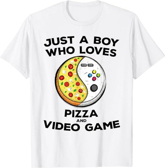 Funny Gamer Shirts, Special Gifts For Gamers, Just a Boy Who Love Pizza and Video Game Funny Gaming Quote T-Shirt Menswear Top Casual Classic