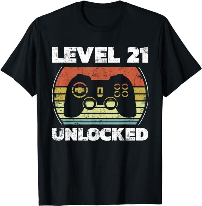 Funny Gamer Shirts, Special Gifts For Gamers, Level 21 Unlocked Funny Video Gamer 21st Birthday T-Shirt Menswear Casual...
