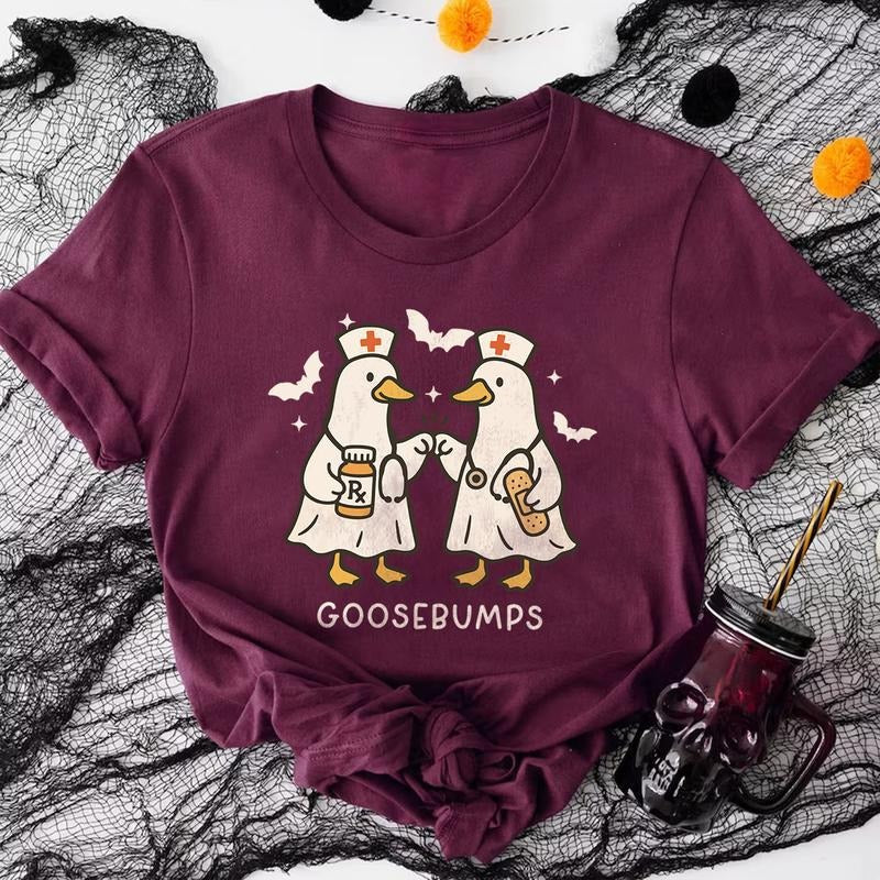 Funny Goosebumps Nurse Ducks Halloween T-Shirt | Cute Spooky Ghost Goose Tee