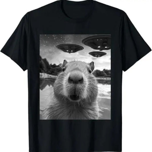 Funny Graphic Capybara Selfie with UFOs Weird T-Shirt