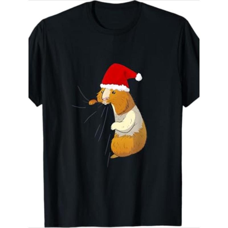 Funny Guinea Pig Christmas Hat Graphic Tee - 100% Cotton, Casual Fit Short Sleeve T-Shirt for Men made in usa Hoodie,...