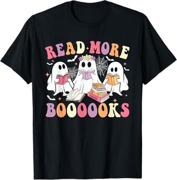 Funny Halloween Shirts For Men, Cute Ghost Book Read More Books Funny Teachers Halloween T-Shirt Menswear