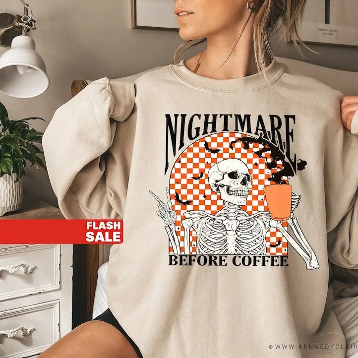 Funny Halloween Sweatshirt, Skeleton Halloween Shirt Coffee Fall Shirt, Fall Sweatshirt for Women