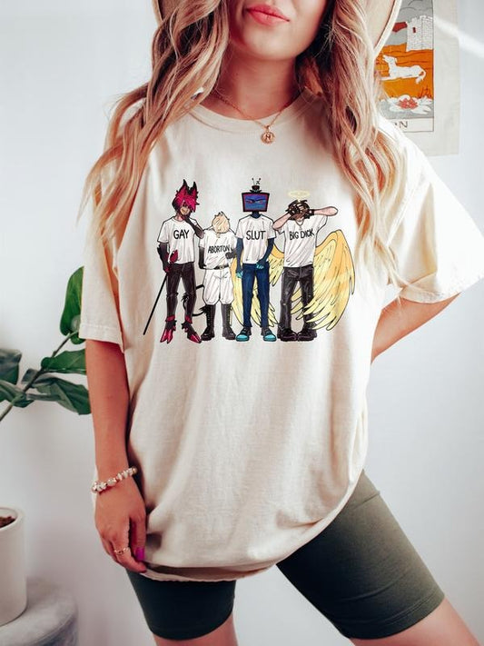 Funny Hazbin Hotel Shirt Alastor Charlie Angel Dust 100% US Cotton Relaxed Fit Crew Neckline Casual Top A1
