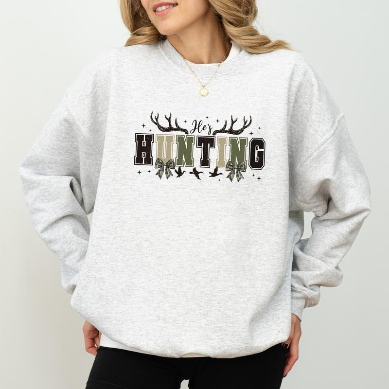 Funny He is Hunting Sweatshirt, Camouflage Long Sleeves Pullover, Deer Hunter Wife Gifts, Hunting Season Apparel, He's Hunting Camo Sweater