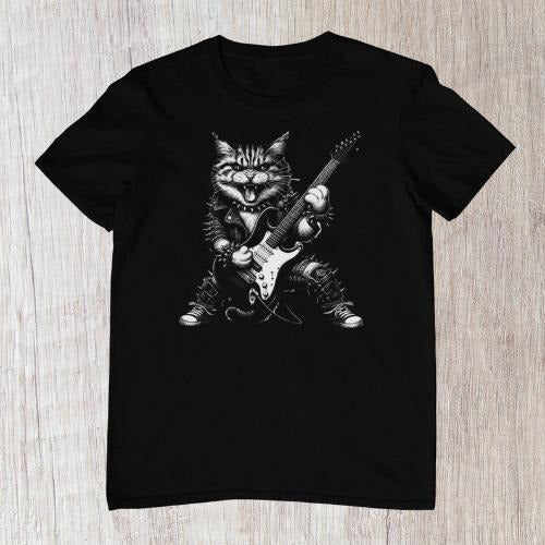 Funny Heavy Metal Cat Shirt, Guitar T-shirt, Men's Rock and Roll Tee made in usa