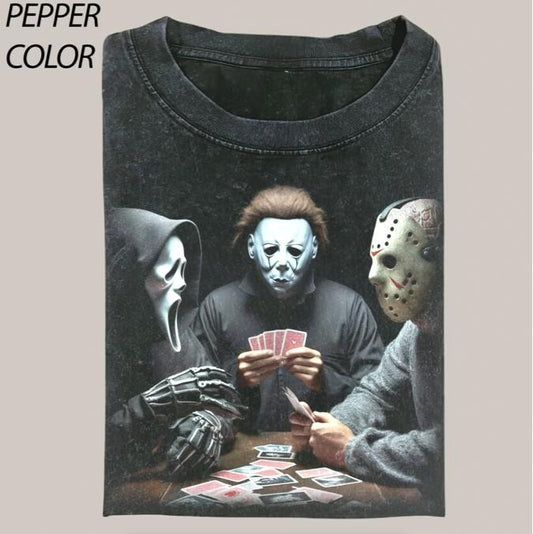 Funny Horror Character Playing Poker Comfort Colors T-shirt, Vintage Halloween Movie Graphic Tee, Gift For Boyfriend, Unisex T-shirt Menswear Top Streetwear