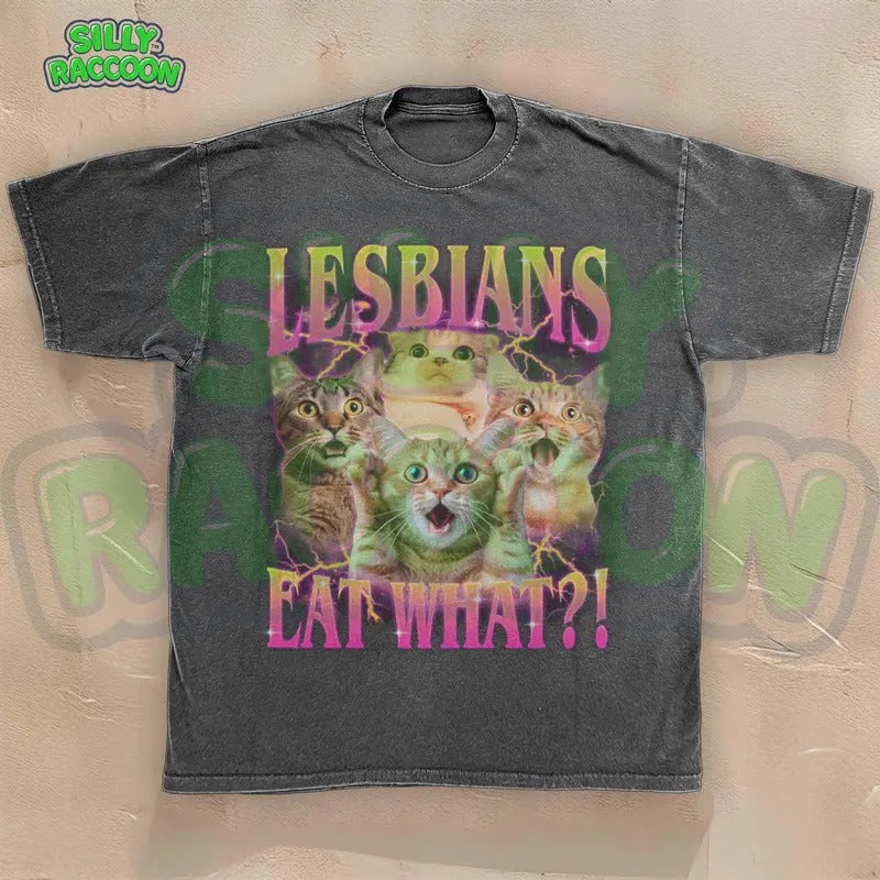 Funny Lesbian Cat T-Shirt | Lesbians Eat What? Meme Tee | Ironic LGBTQ Kitty T-Shirt  | Queer Humor | Retro 90s Tee | Gay Cat Mom Gift