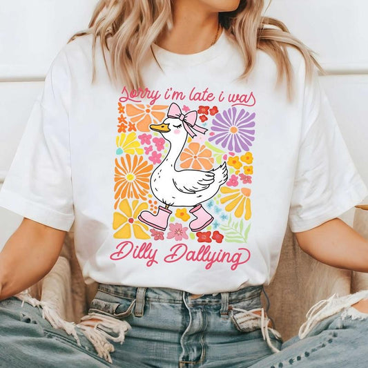 Funny Mama Goose Shirt, Sorry I'm Late I Was Dilly Dallying Goose Shirt, Sarcastic Retro Shirt, Boho Floral Shirt, Preppy Girly Shirt