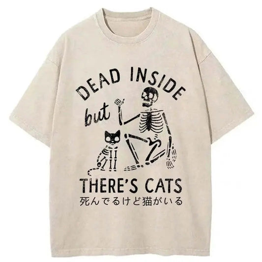 Funny Meme Japanese Skeleton And Cat Shirt, Dead Inside But There's Cats Merch, Vintage Retro Shirt Gift, Unisex Classic Cotton Humorous Quote Merch