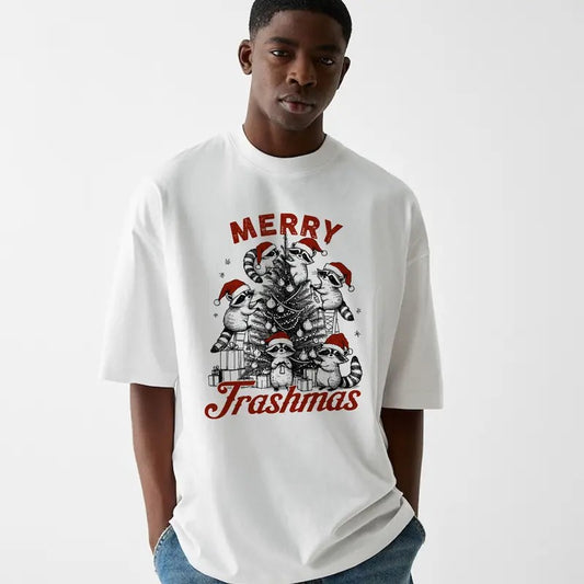 Funny Meme Merry Trashmas Graphic Shirt, Unisex Retro Christmas Raccoon Tee Gift, Vintage Style Cotton Shirt, Humorous Quote Merch