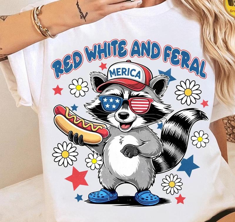 Funny Meme Racoon Red White And Feral Tshirt 4th Of July T-Shirt Retro Graphic Hoodie, Sweatshirt | DripVista.com