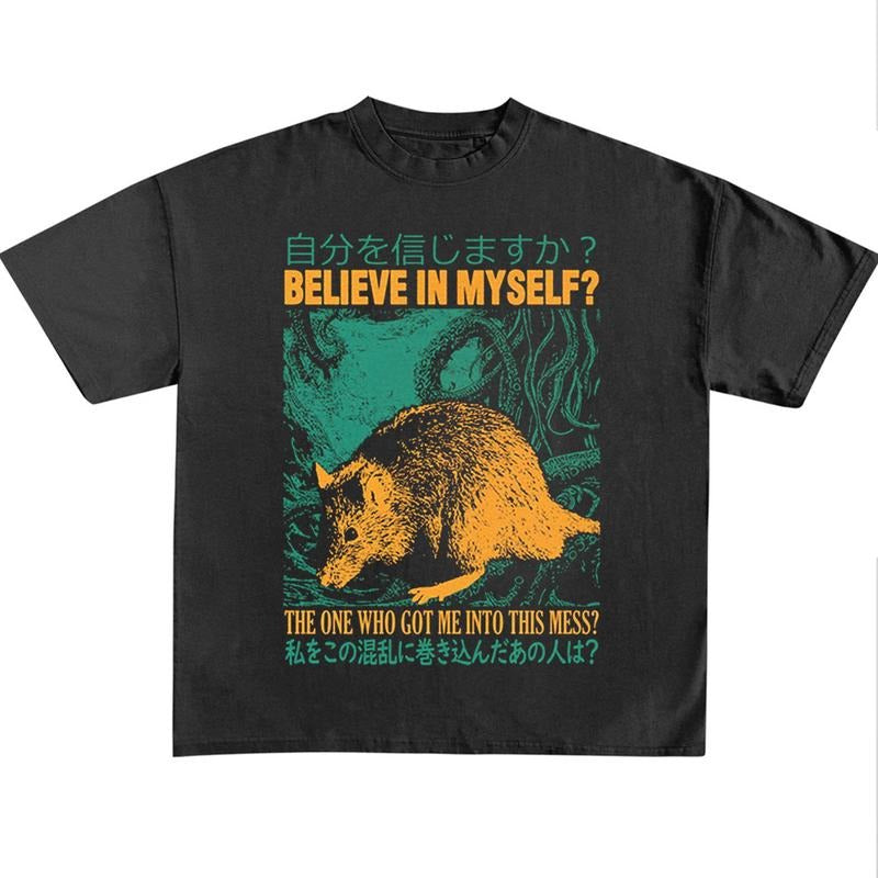 Funny Meme Shirt, Believe In Myself Rat Japanese Horror Shirt, Retro Japanese Graphic Tee, Quirky And Humorous Quote...
