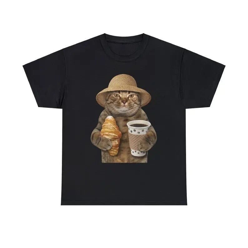 Funny Meme Shirt, Cat With Coffee And Croissant Tee, Gift Unisex T-Shirt Hoodie, Sweatshirt | DripVista.com