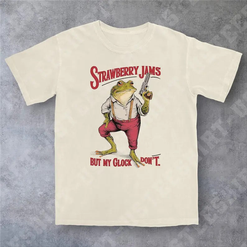 Funny Meme Shirt, Strawberry Jams But My Glock Don't Tee, Frog Y2K Gift Unisex T-Shirt Hoodie, Sweatshirt | DripVista.com