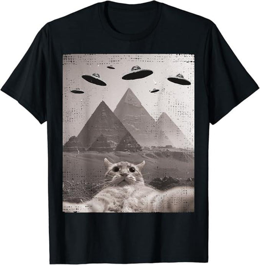 Funny Meme Shirts For Men, Cat UFO Meme - Funny Cat Selfie with UFOs T-Shirt Menswear Top