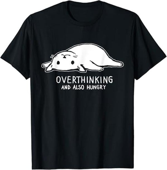 Funny Meme Shirts For Men, Funny Cat Meme Overthinking and Also Hungry Sarcastic T-Shirt Menswear Top