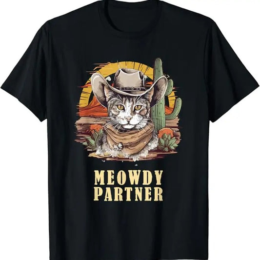 Funny Meme Shirts For Men, Meowdy Partner Cat Funny Howdy Meme Wild West Cowboy Hat T-Shirt Menswear Top