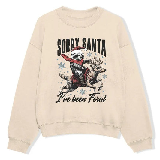 Funny Meme, Sorry Santa I've Been Feral Sweatshirt, Unisex Comfort Christmas Raccoon Merch, Vintage Funny Christmas Sweatshirt, Retro Holiday Gift
